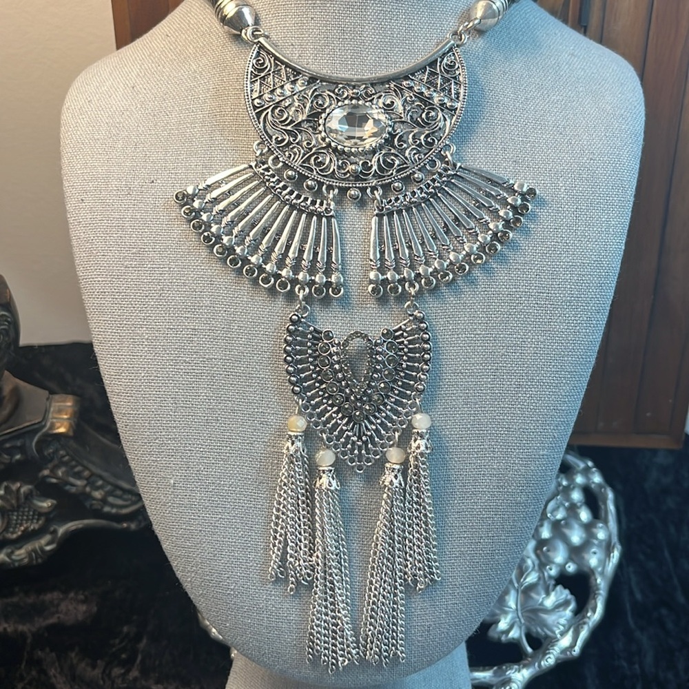 Spiritual Upward Facing Moon Mind Body Spirit Boho Gothic Statement Necklace